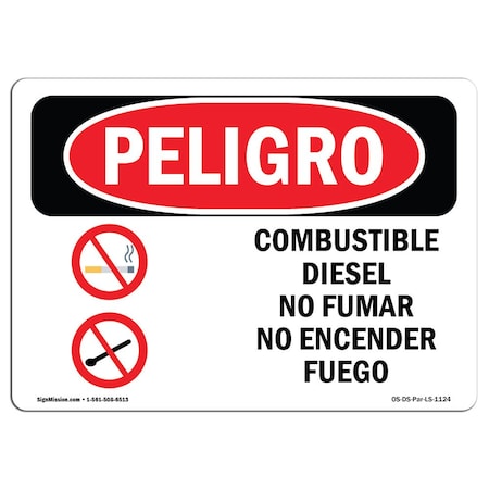 OSHA Danger Sign, Diesel Fuel No Smoking No Spanish, 14in X 10in Rigid Plastic